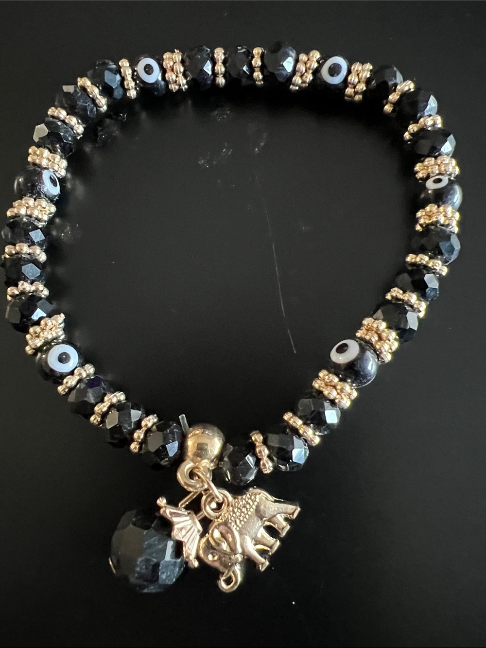 Black Beaded Charm Bracelet with Gold Accents